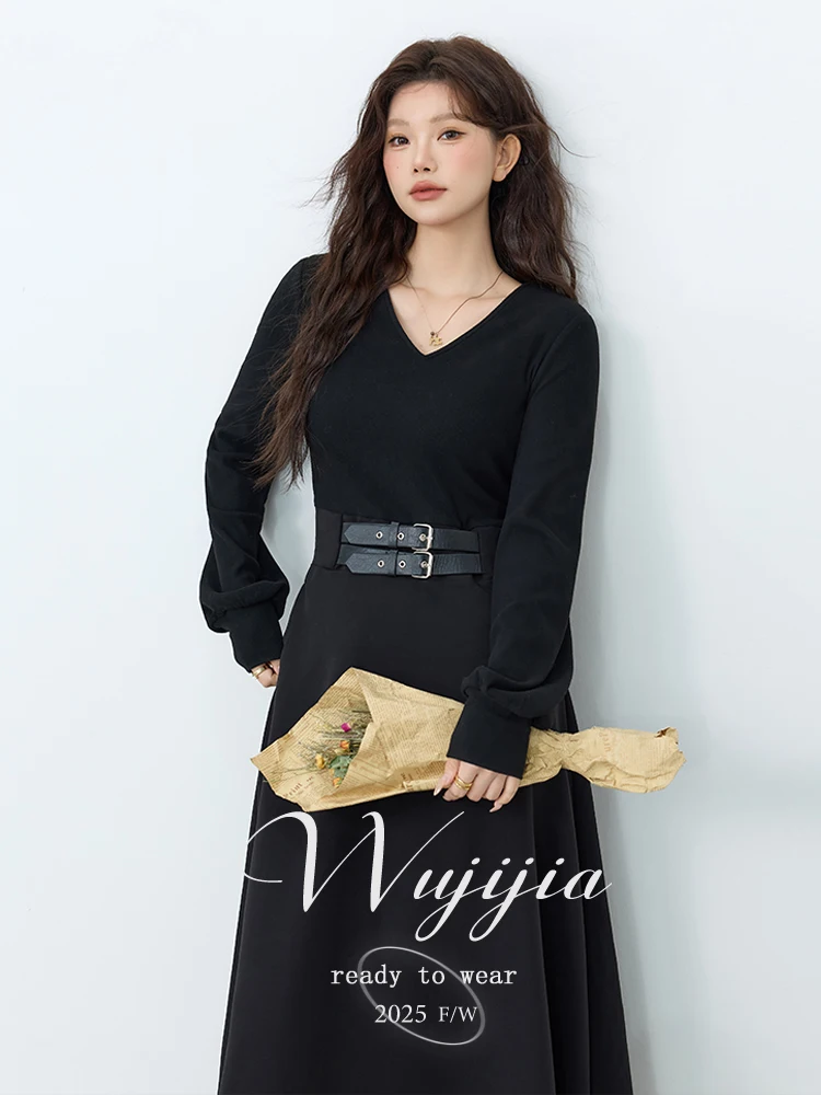 

Faionable Belted Little Bla Dr for Women by Wuji Home Winter 2025 Korean Sle V-Ne Long Sve Stand Fit Polyest...