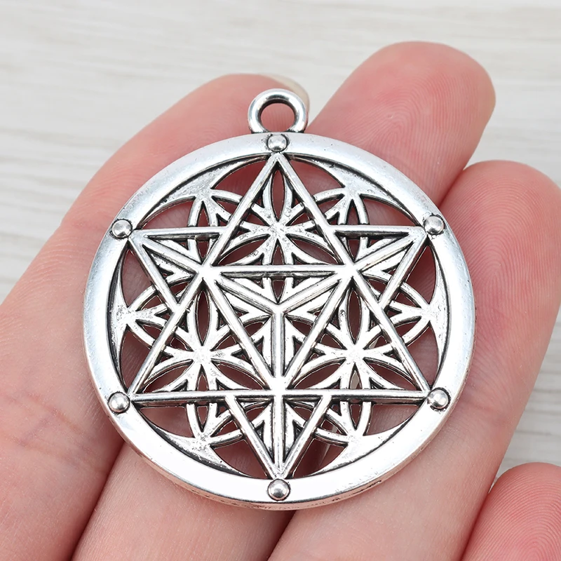 3 x Tibetan Silver Large Round Flower Of Life Merkaba Meditation Charms Pendants Fit Necklace Jewelry Making Findings 40mm