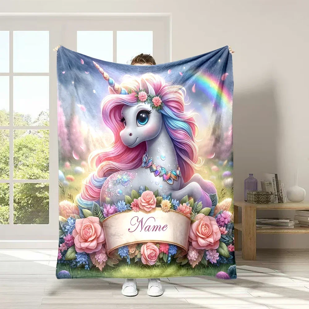 (Memo U Name) Customized Name Personalized Blanket Cartoon Unicorn Print Warm and Comfortable Blanket for Adults and Kids Gifts