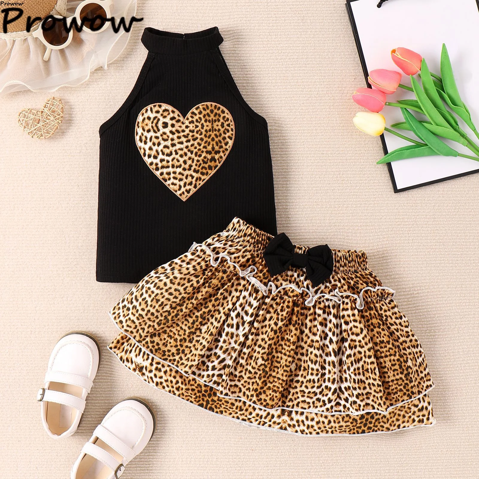 4-7Y Kids Clothes Girls Outfit Sets Halter Heart Tank Top and Leopard Cake Skirts Fashion 2pcs Summer Set For Girls Children