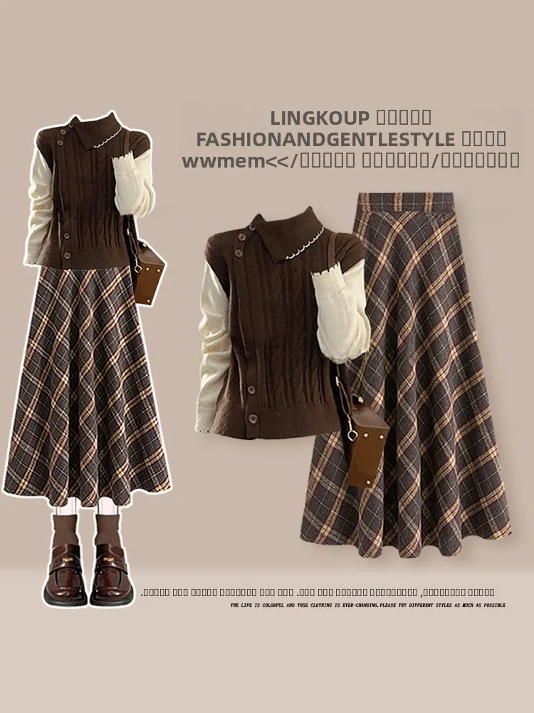 

Retro plus Size Knitted Sweater And Plaid Skirt Set Women's Fashion Ensemble Autumn Winter High Waist Slim Fit Midi Skirt