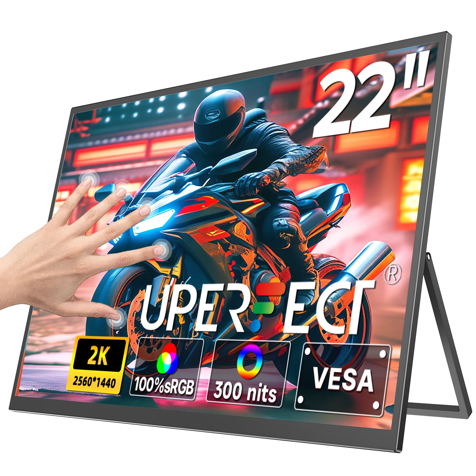 

Портативный монитор UPERFECT с сенсорным экраном 2K QLED 22 дюйма для игр, с VESA и углом обзора 180° ° Регулируемая подставка FreeSync HDR 137% sRGB USB-C HDMI