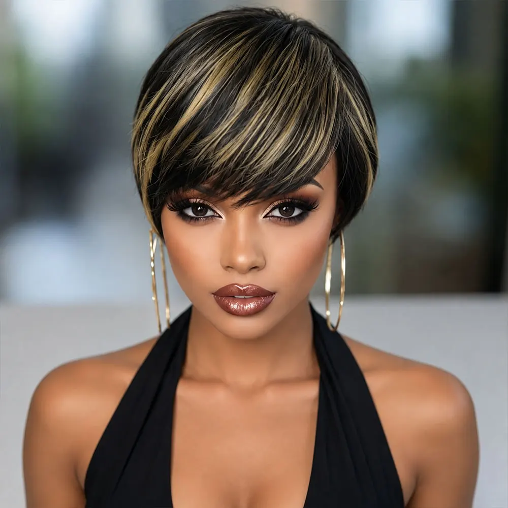 Short Pixie Cut Human Hair Wig for Women, Short 1B/27 Colors Straight Pixie Cut with Bangs, Full Machine Made Elastic Cap