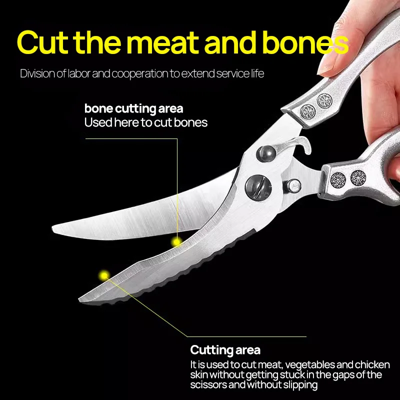 Tijeras para aves de corral de alta resistencia de 10 pulgadas con borde dentado, tijeras de cocina multifuncionales de acero inoxidable para pollo, carne y pescado
