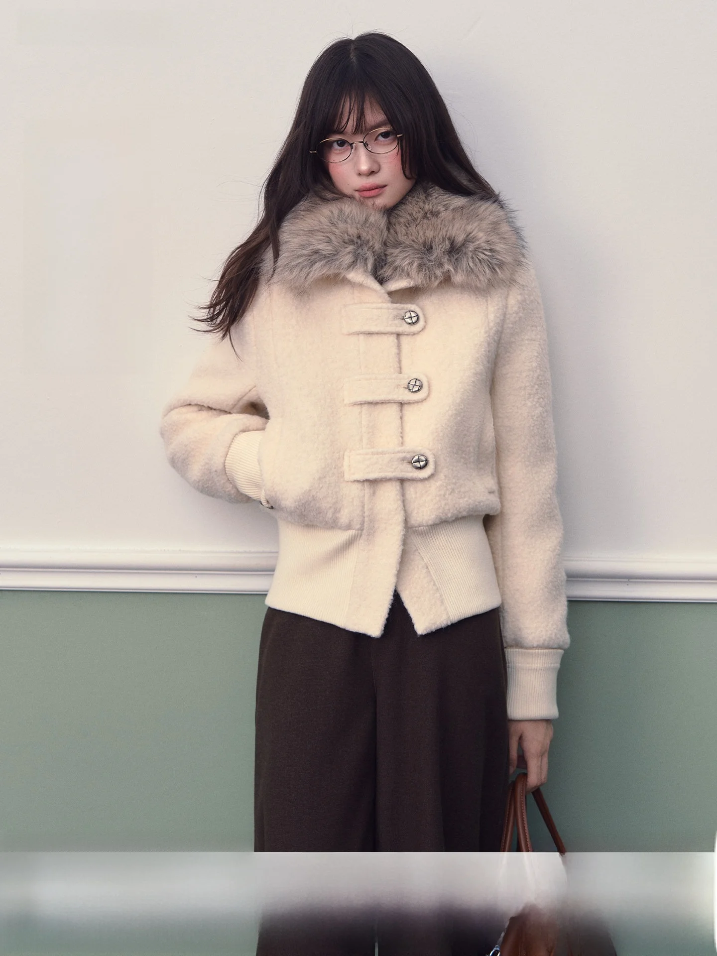 

Soote Season Original Milk White 70 Wool Patchwork Thiened ort Quilted Coat with Fur Collar Korean Sle Women's Jaet