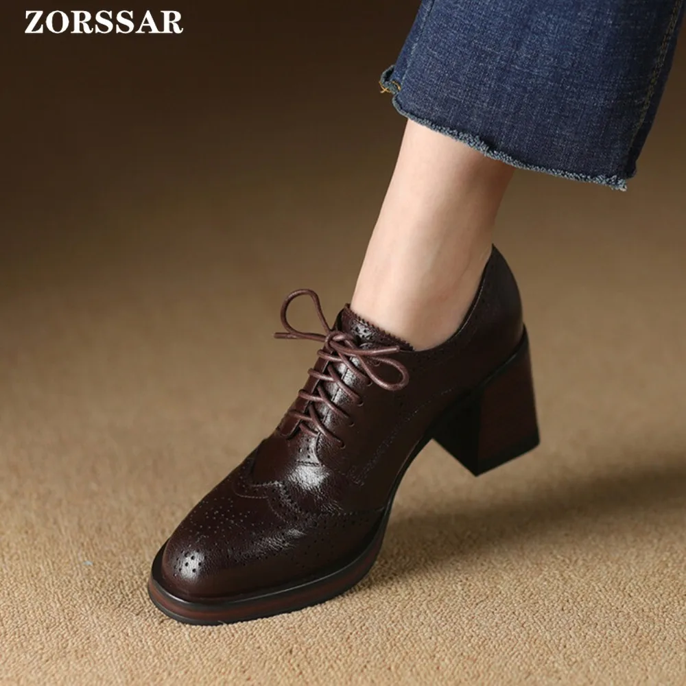 Women\'s Pump Shallow Brogue Shoe Vintage Chunky Heel Cut Out Oxford Shoes Woman Lace Up Female Fashion Elegant Ladies Short Boot