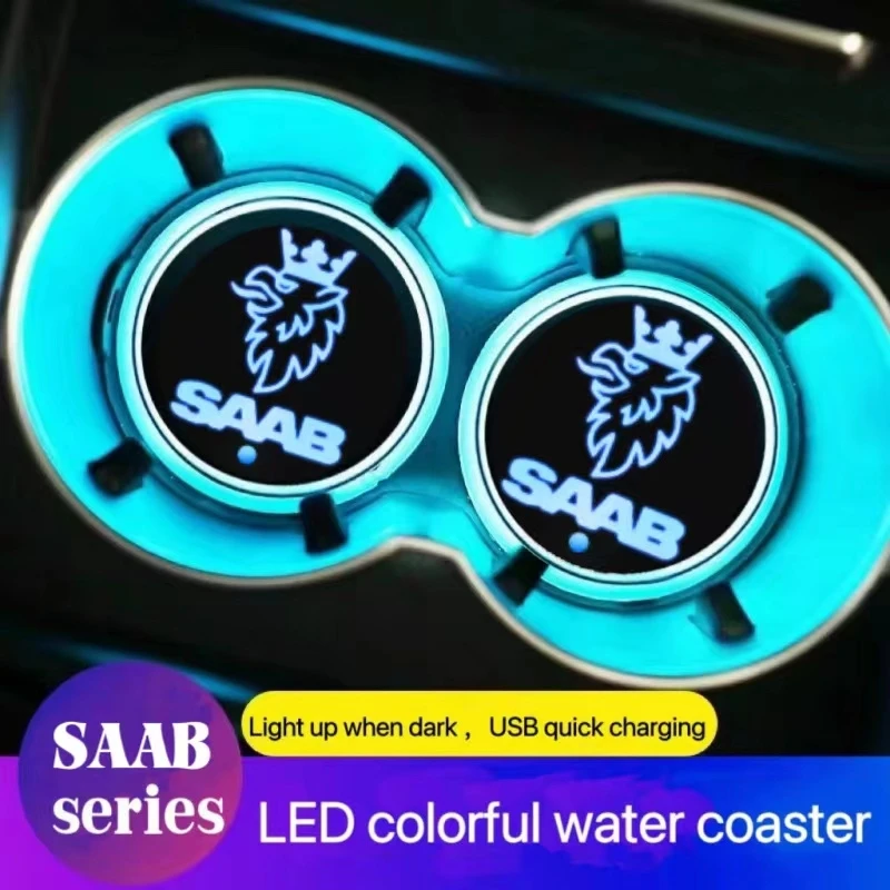 

2X LED Car Luminous Water Cup Coaster Colorful Anti-Slip Coaster Lights For Saab 9-3 9-5 900 Non-slip Mat Led Atmosphere Lights