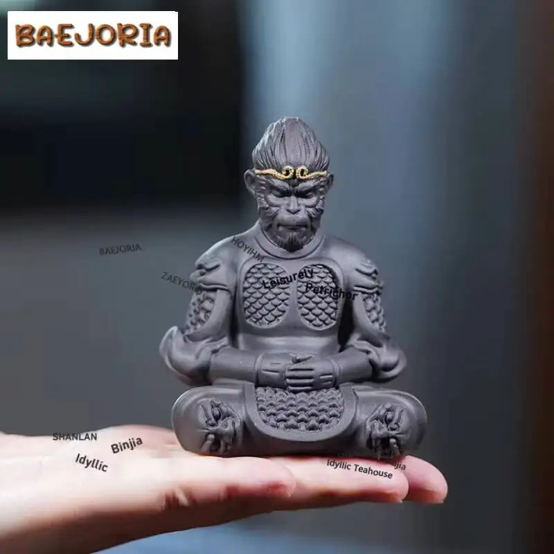 Yixing Purple Clay Black Wukong Tea Pet Zen Exquisite Miniatures Tea Figurine Play Toys Tea Statue Ornaments Craftsmanship