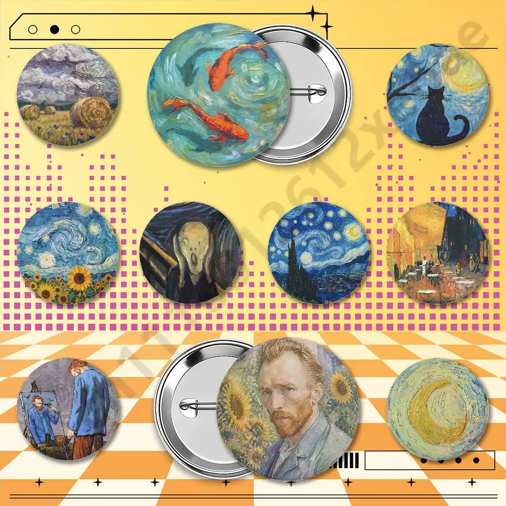 Vincent van Gogh Painter Holographic Badge Pins 25/32/44/58/75mm Round Brooches Collection Souvenir Party Fan Gifts