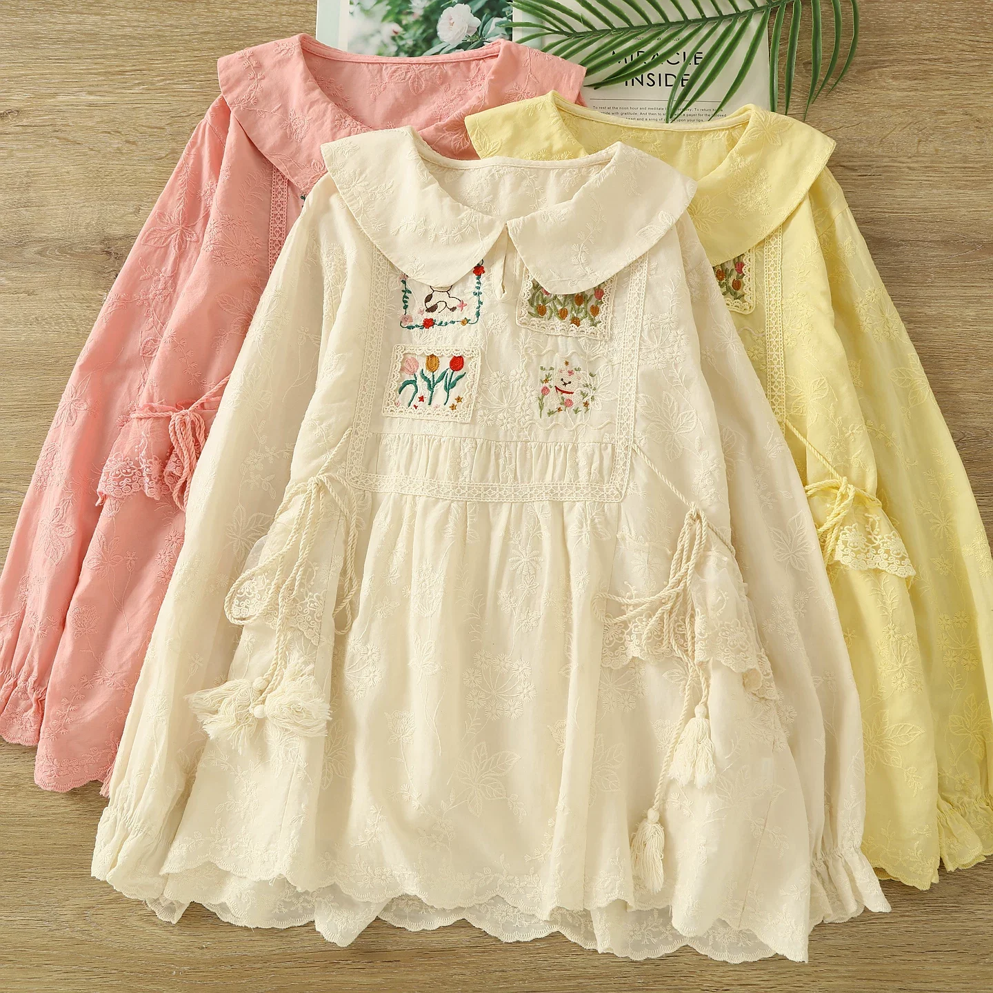 

2026 Молодежные женские блузки мори для девочек в консервативном стиле, бежевые, желтые, розовые рубашки с вышивкой мультфильмов, хлопковые топы принцессы в стиле Лолиты каваи