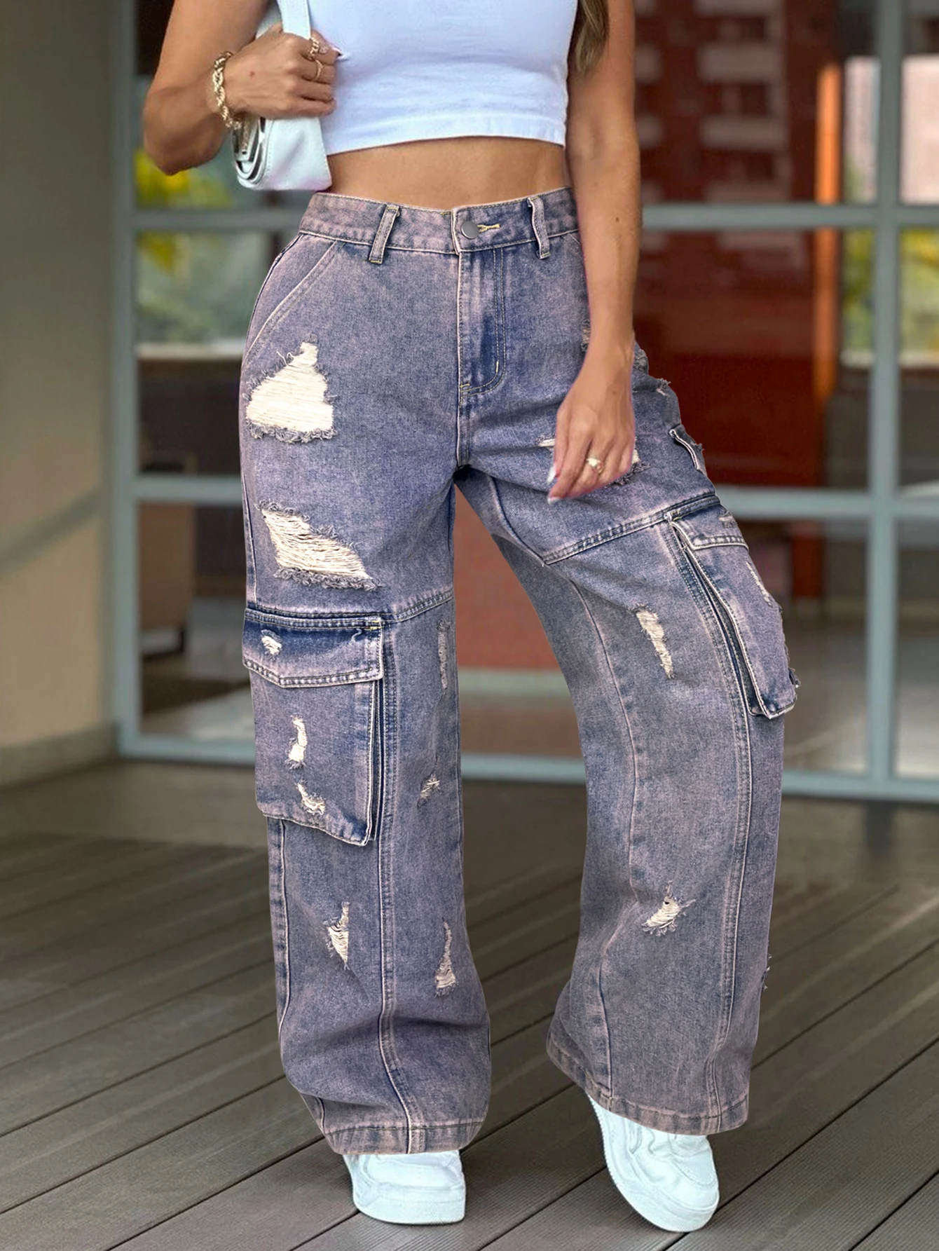 Vintage Säuregewaschene Utility-Jeans mit hoher Taille und weitem Bein, Grunge Washed Distressed Low Rise Straight Baggy Jeans Damen