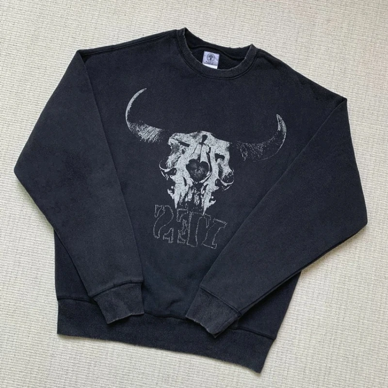 

25SS Devil Print Pattern Saint Michael Sweatshirts Oversized Washed Black Hoodie