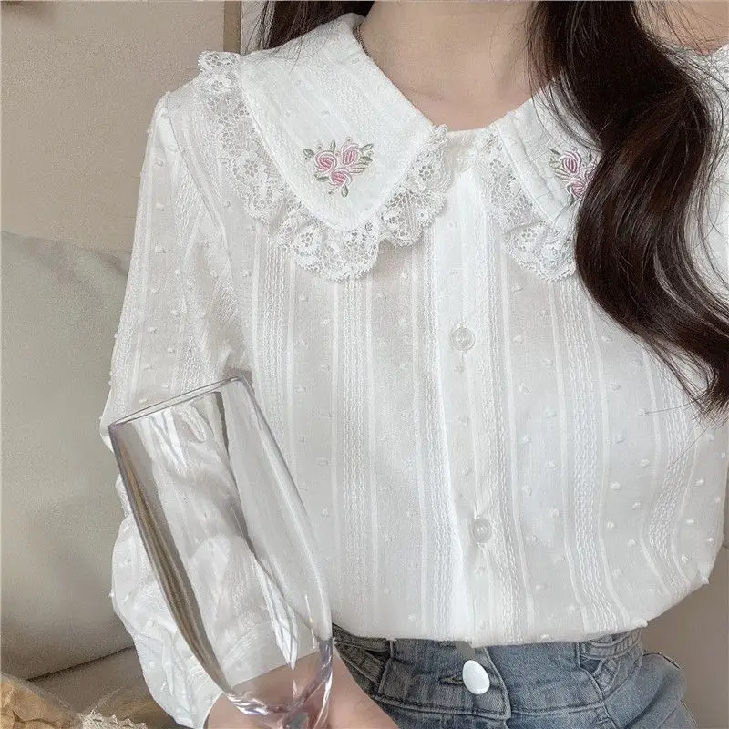 2023 Autumn Blouse Women Lace Patchwork Peter Pan Collar Long Sleeve Shirts Top Women Elegant Floral Embroidery Blusas Feminina