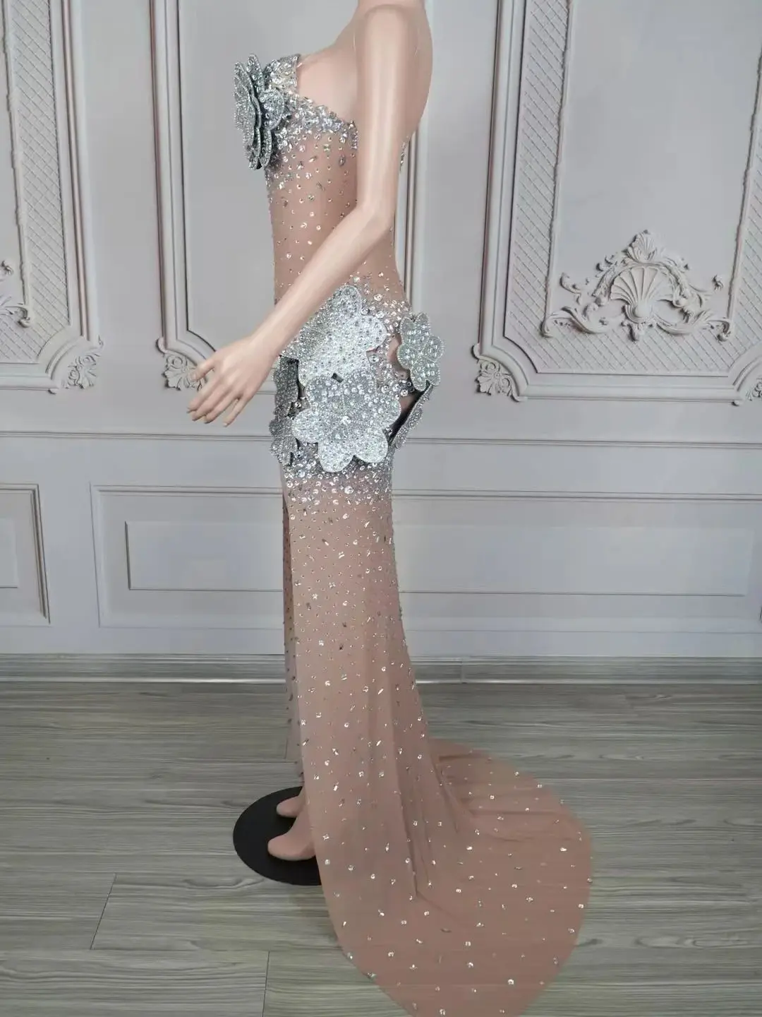 Luxe Pailletten Zilveren Bloem Mesh Trailing Jurk Nachtclub Bar Dj Prestaties Podiumkostuums Zanger Gogo Dansers Kleding DN20947