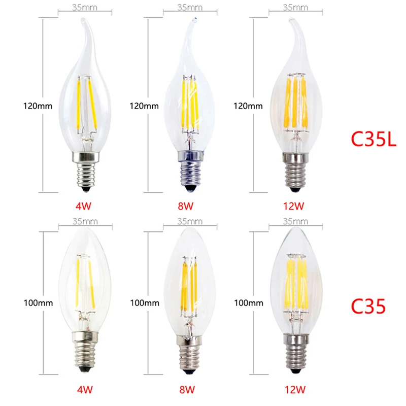 Edison Retro C35 C35L LED Lamp 4W 8W 12W AC 220V 230V Filament Light Bulb E14 COB Glass shell Vintage Style Lamp