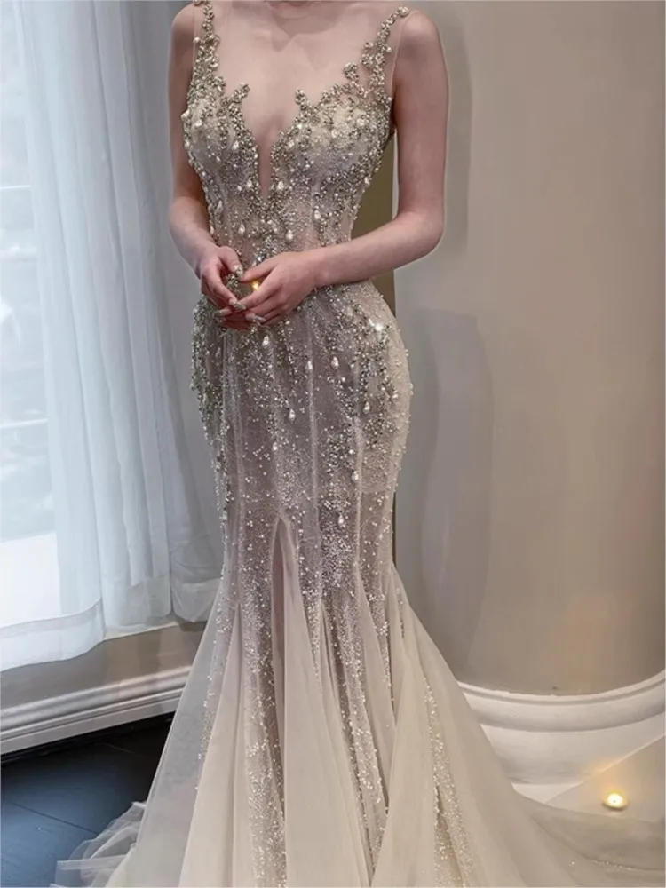 

Fishtail light and heavy beaded haute couture main gauze show style banquet dress