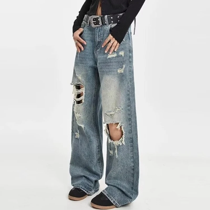 2026 American Style Vintage Ripped Comfortable Men's Denim Pants Classic Simplicity Loose Straight Leg Wide Leg Male Trousers