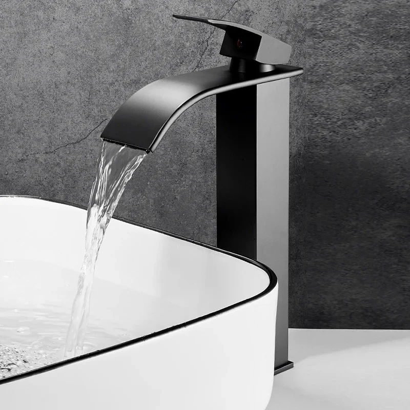 

Black Home Waterfall Faucet Copper Core Hot Cold Wash Basin Faucet Bathroom Toilet Above Counter Basin Hot Cold Water Mixer Tap