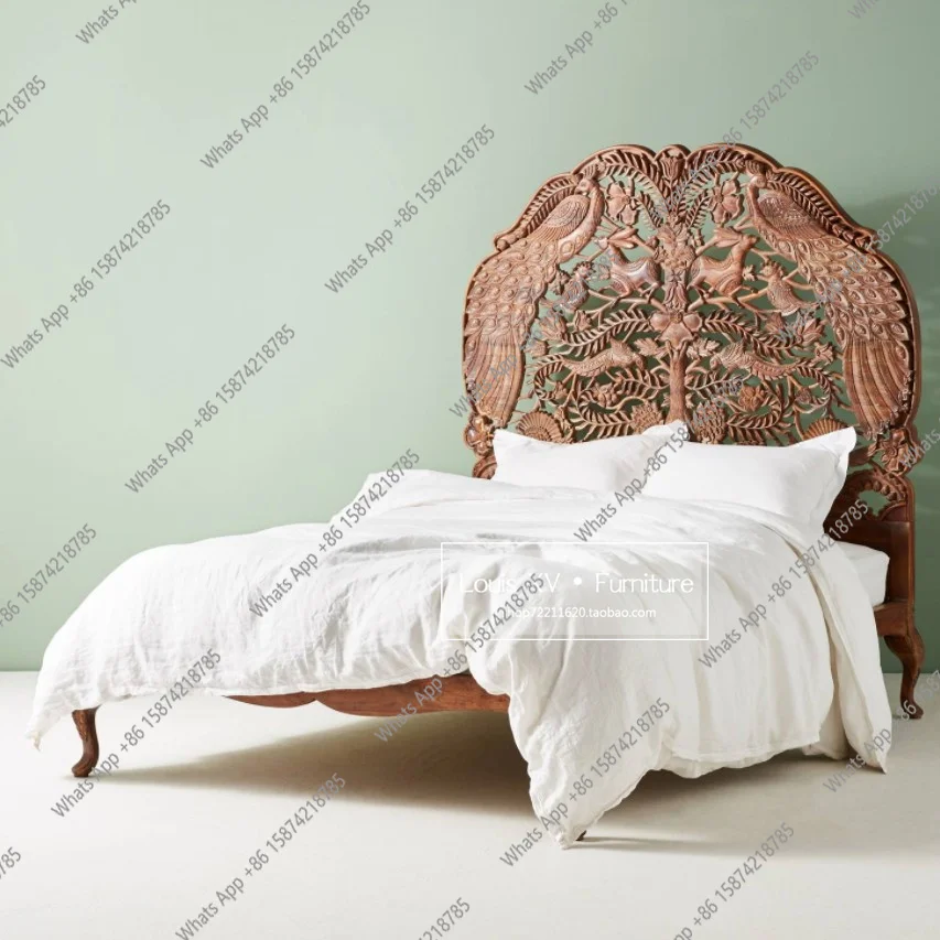 

Hand-carved woodland bed American, French retro all-solid wood bedroom double bed, European antique carved wedding bed
