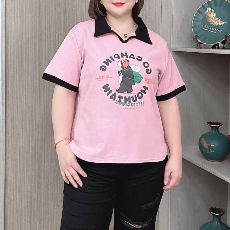 Estate nuovo risvolto manica corta t-shirt donna 2024 Plus Size Casual rilassato stampato Top