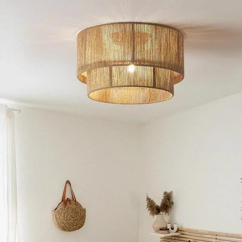 Vintage Hemp Rope Double Ceiling Light Bohemian Rattan Recessed Living Room Bedroom Hallway Light Fixtures