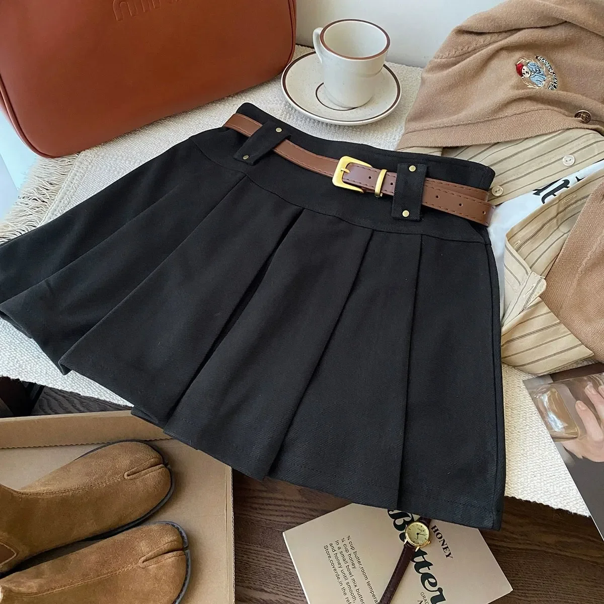 Retro Wełniana Spódnica Damska Modna Casualowa Uniwersalna Z Wysokim Stanem Rozkloszowana Plisowana dla Seksownych Kobiet