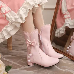 Women's Black White Pink Ruffles Vintage Lolita Wedding Boots Lace Bow with Pearl Accent Chunky Block Heels Elegant Gothic Style