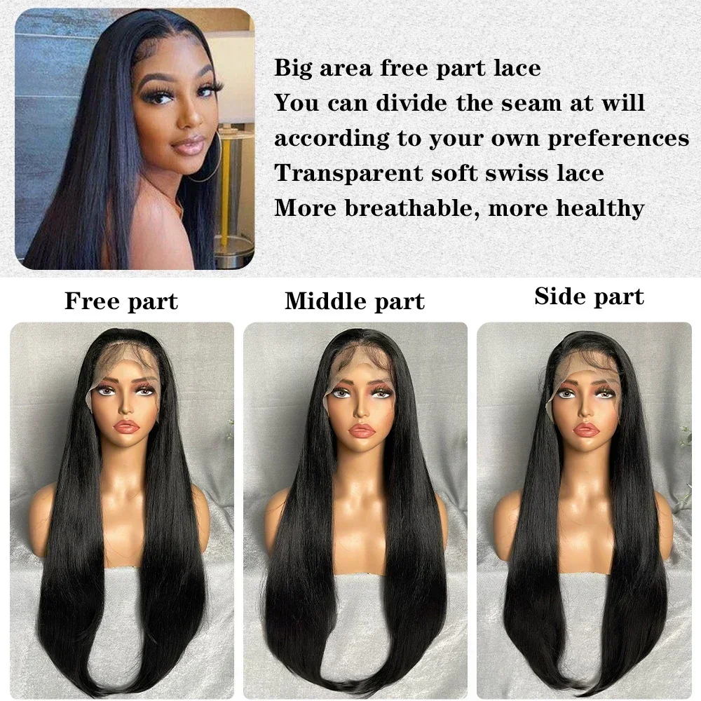 Business Long Straight Layered Wigs 13X4 Lace Frontal Free Part Synthetic Hair Wig with Baby Hair For Women 32inch Black Colored