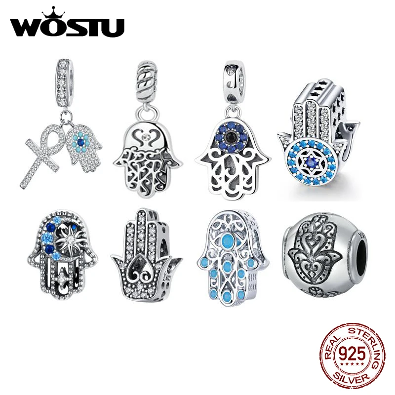 WOSTU-abalorio de Plata de Ley 925 con forma de mano de Fátima, colgante de cuentas de ojo de demonio, compatible con Pulsera Original, collar, joyería DIY