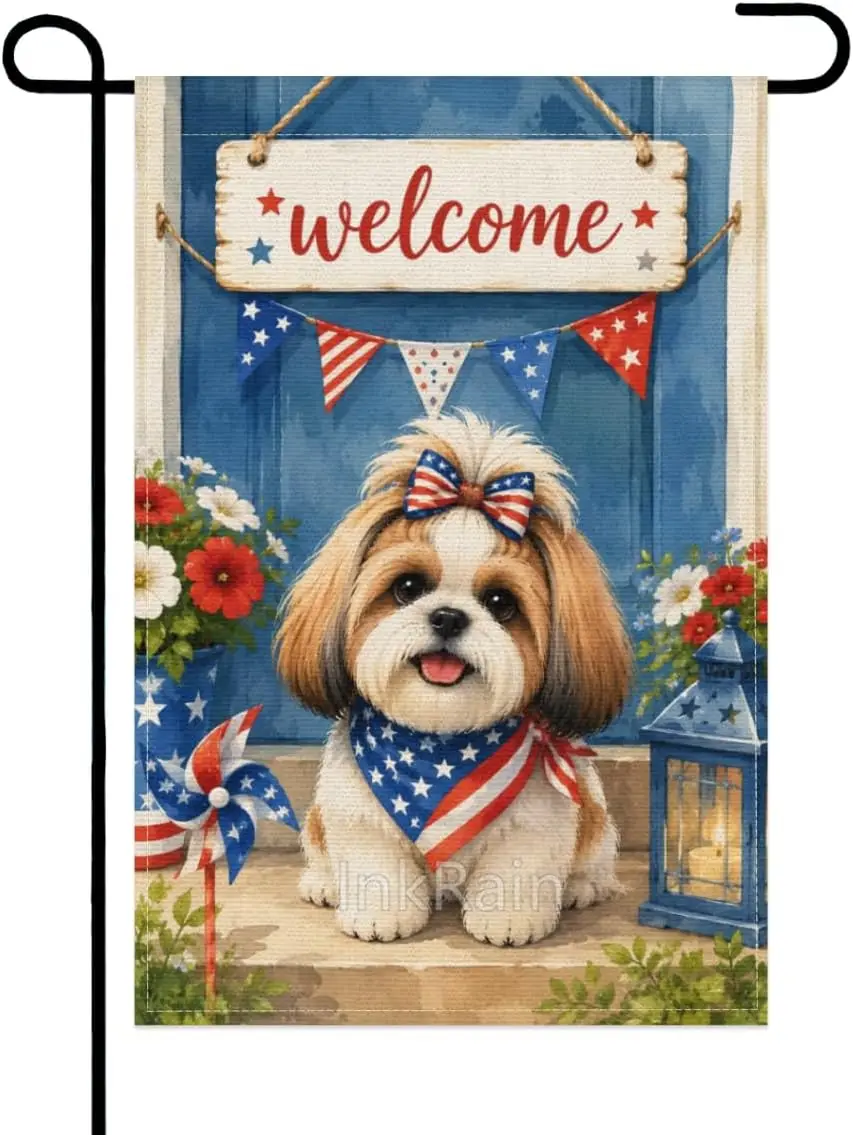 InkRain Patriotic Welcome Garden Flag 12x18 Inch, Cute Shih Tzu Dog with American Flag Bow, Watercolor Fourth of July Yard F yyi