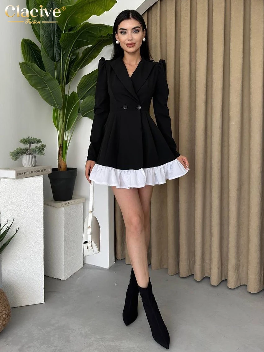 Clacive Fashion Loose Black Office Women\'s Dress Elegant Lapel Long Sleeve Mini Dresses Casual High Waist Patchwork Female Dress