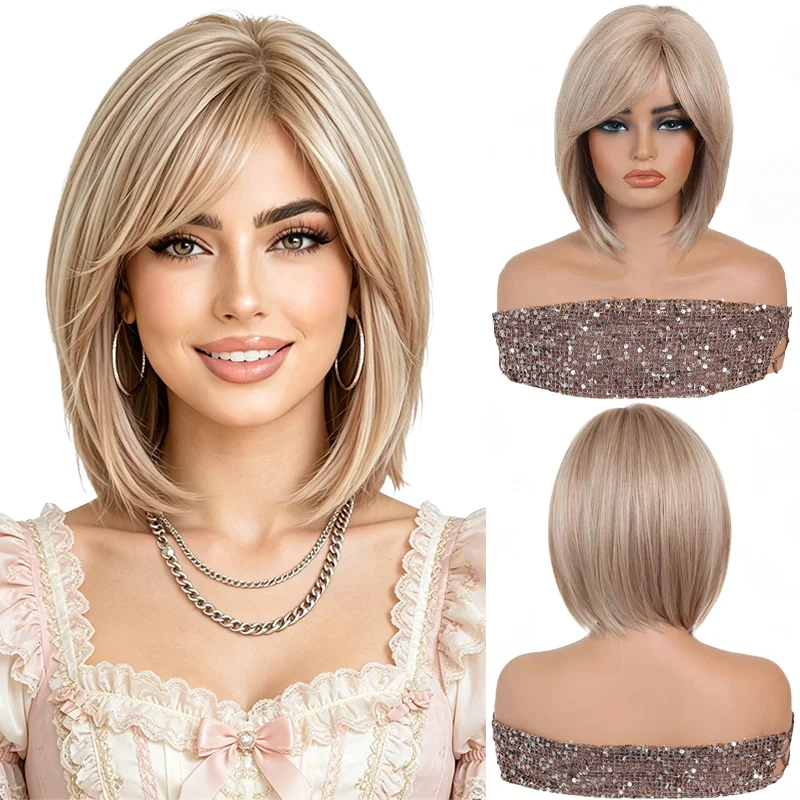 Natural Looking Rose Gold Short Bob Wig Side Part Bangs Face Framing Layered Heat Resistant Synthetic Wig For Women Daily Party