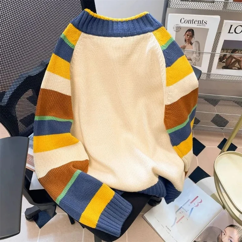 Cartoon Embroidery Knit Cardigan Women Sweet Kawaii Striped Zipper Casual Sweater Female Vintage Harajuku Cute Fall Winter Tops