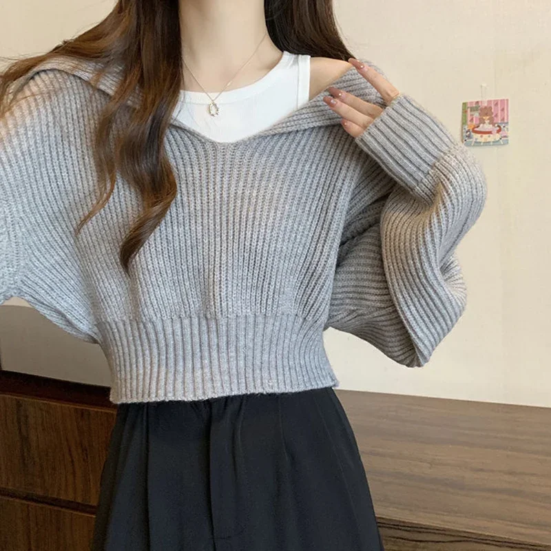 Long Sleeve Cropped Sweater Women Autumn Winter Turn Down Collar Knitted Jumper Woman Korean Style Solid Color Jerseys