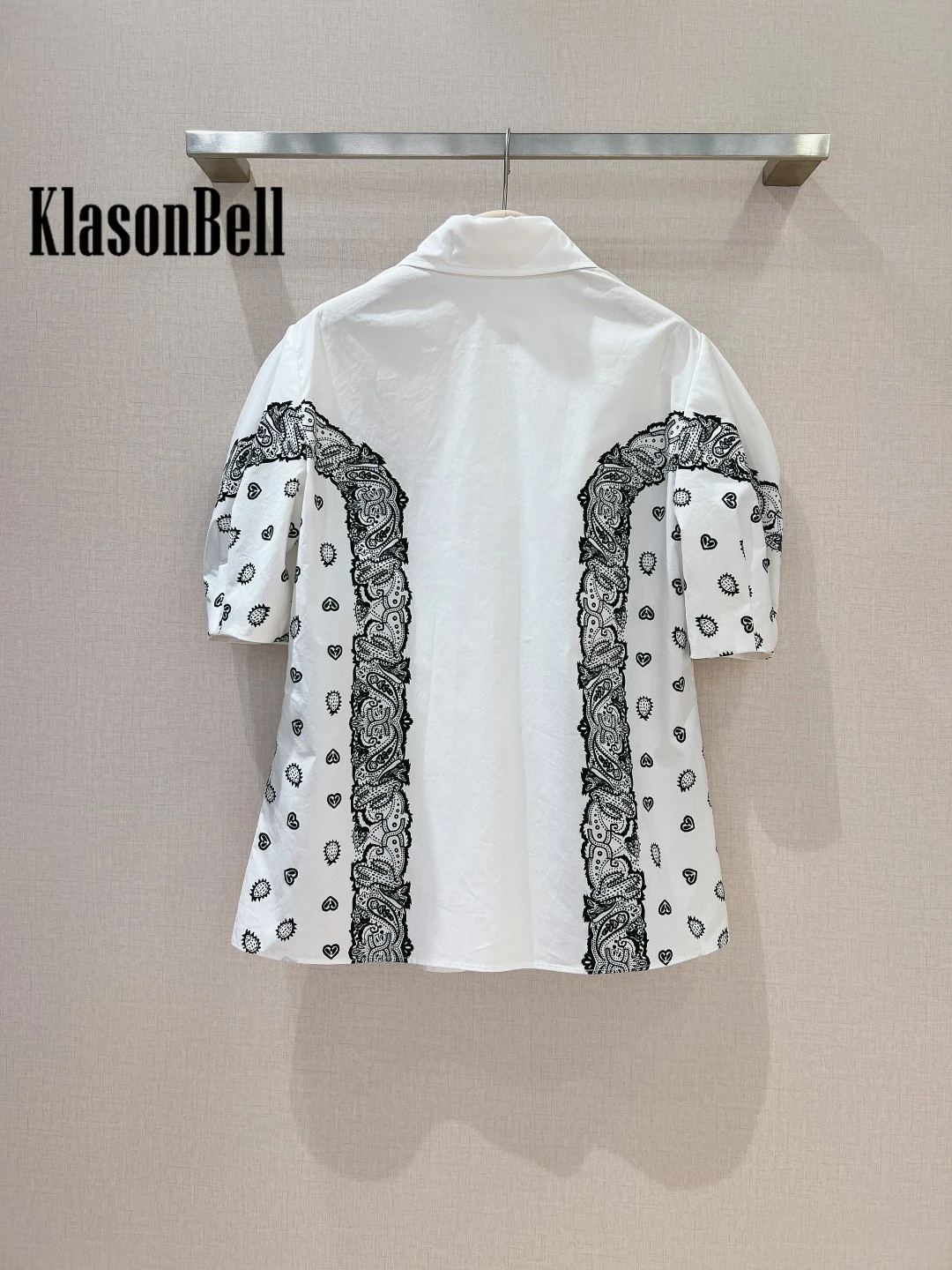 KlasonBell-Conjunto de algodón para mujer, camisa de manga corta con estampado abombada dulce y elegante, falda larga acampanada de cintura alta, a la moda, 5,21