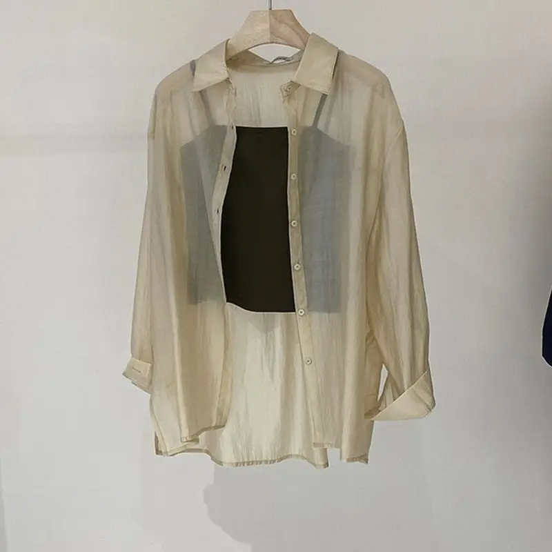 Spring 2024 New Women Chiffon Sunscreen Solid Color Korean Side Buckle Micro Transparency Summer Fashion Loose Long Sleeved Tops