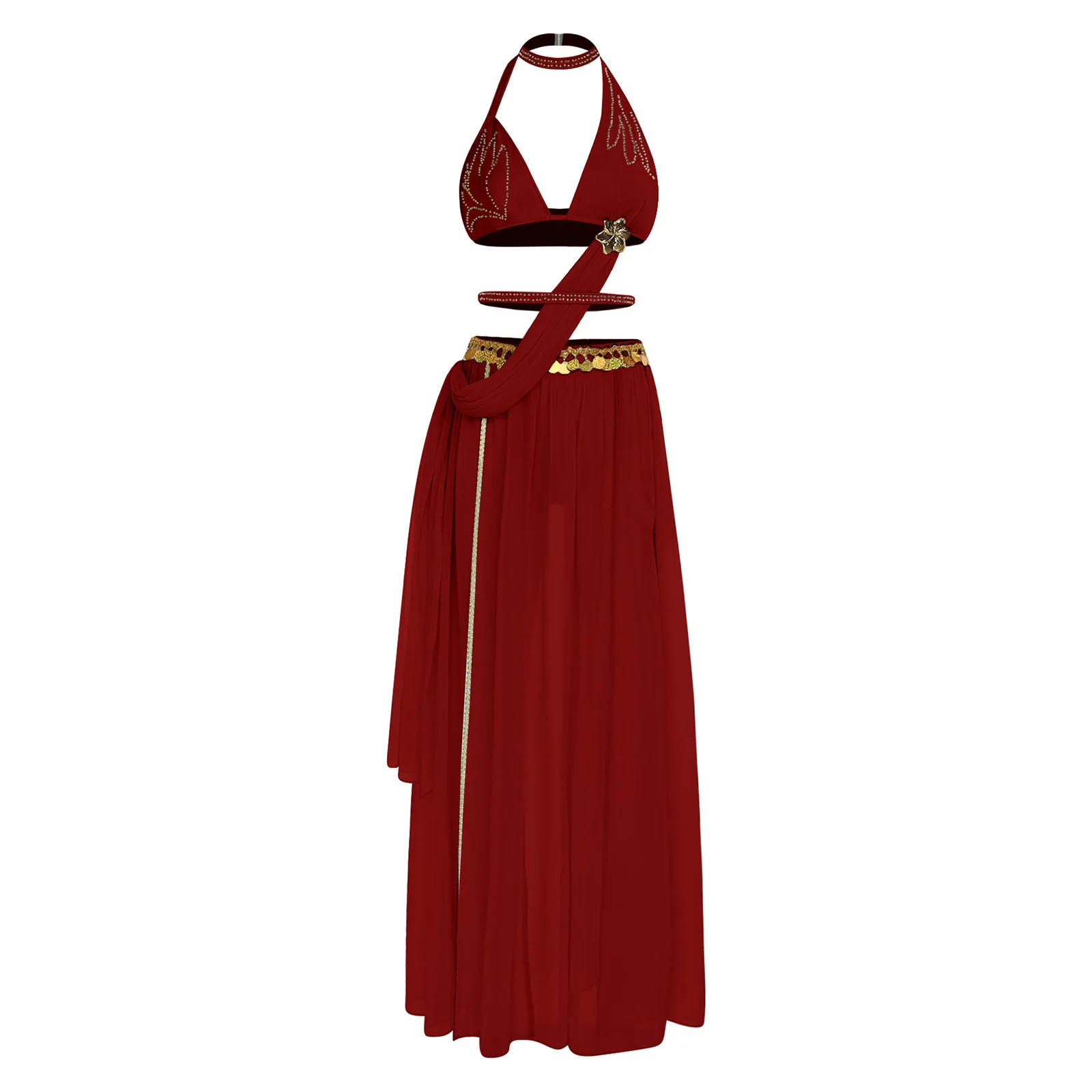 فستان نسائي شرقي هندي لأداء الرقص الشرقي مزين بالترتر وفتحة الخصر من الشيفون مع حزام ملابس الرقص العربي للهالوين #2