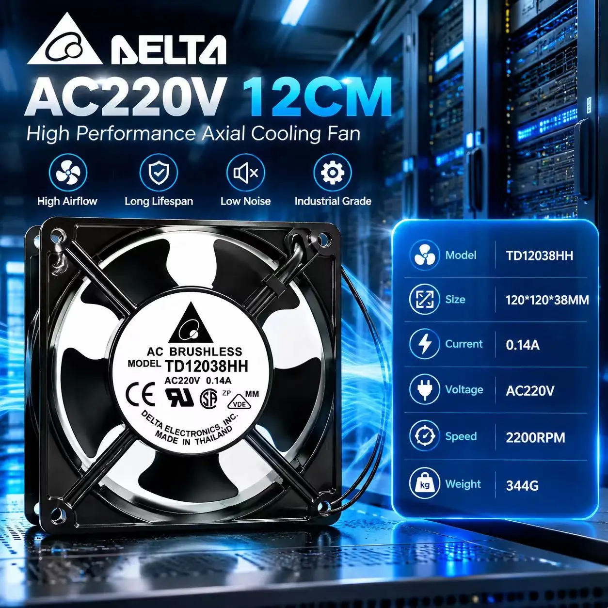 For DELTA TD12038HH AC 220V 0.14A 12038 120x120x38mm 2-Wire Dual Ball Bearing Metal Welder Server Inverter Chassis Cooler Fans