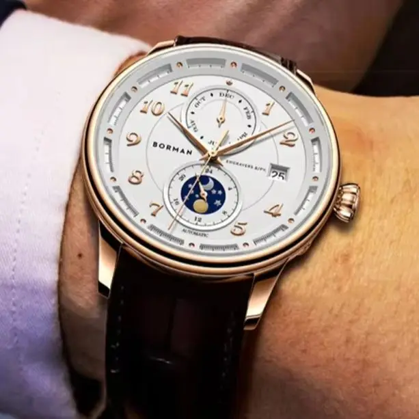 BORMAN Men Automatic Watch 41mm Mechanical Wristwatch 50m Waterproof Sapphire Mirror Multi-Dial Month Date Sun-Moon