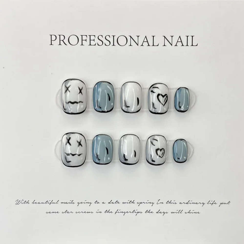 Handgemaakte Korte Catoon Kunstnagels Druk Op Met Ontwerp Japanse Nep Nagels Met Lijm Kunstmatige Stick-On Nail Tip nail Art