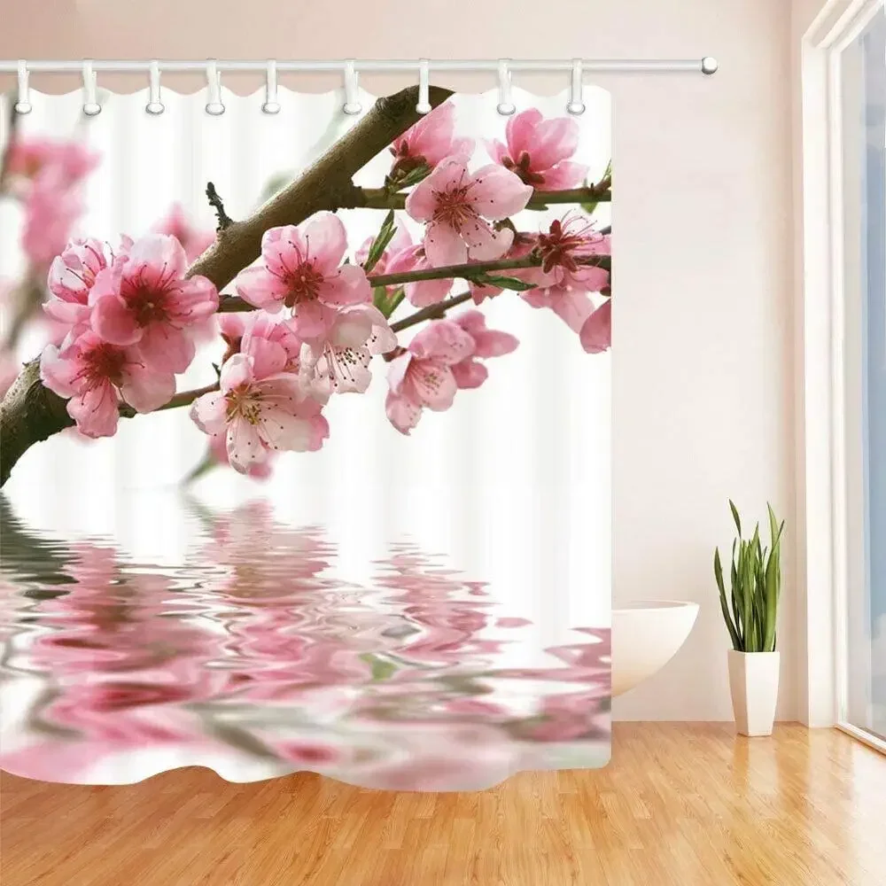 Spring Floral Flower Decor Shower Curtain,Pink Peach Japanese Cherry Blossom Reflected in The Water, Farmhouse Bathroom Curtains