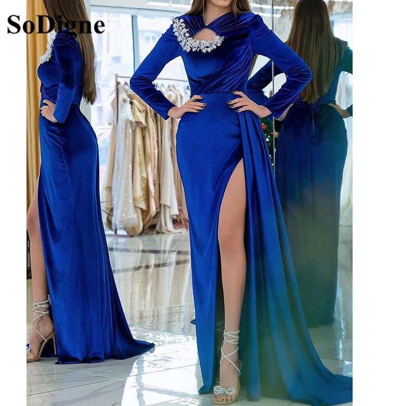 Sodigne Royal Blue Mermaid Avondjurken Side Slit Lange Mouwen Lace Formele Prom Dress Saudi Arabië Gelegenheid Prom Jassen 2023