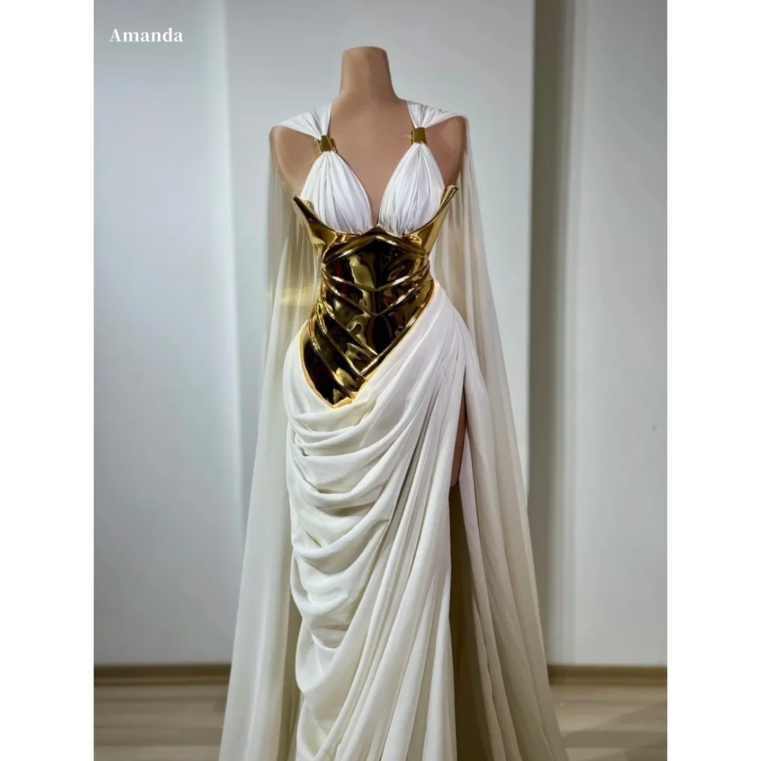 Amanda Customized White Halter Neck Gold Metallic Accent Ruched High Slit Long Cape Maxi vestidos de noche Elegant Prom Dress