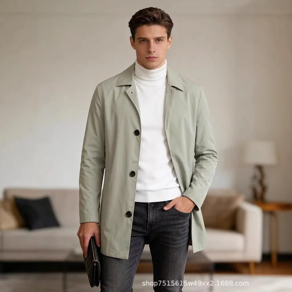 2026 Spring Autumn Classic Elegant Single Breasted Trench Coat Commuting Entertainment Casual Men Outerwear