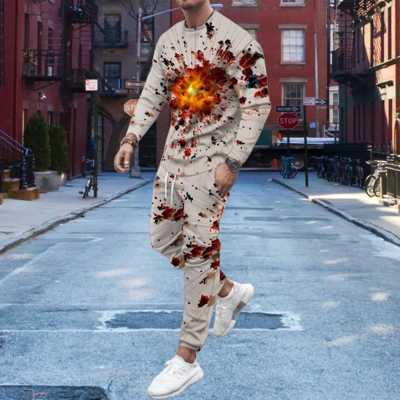 

Модный мужской комплект спортивной одежды с 3D принтом в виде сот, повседневная футболка с длинными рукавами, брюки, комплект из 2 предметов, пуловер большого размера, мужская одежда