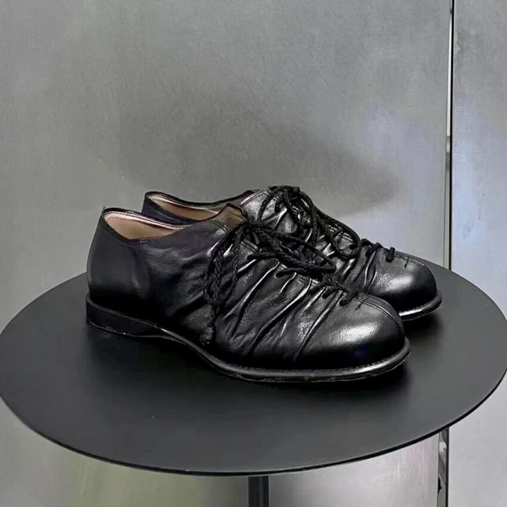 

Fashion Men's Black Cross Strap Pleated Genuine Leather Loafers Soft Sole Casual Derby Shoes Handmade Retro Single Shoes Women