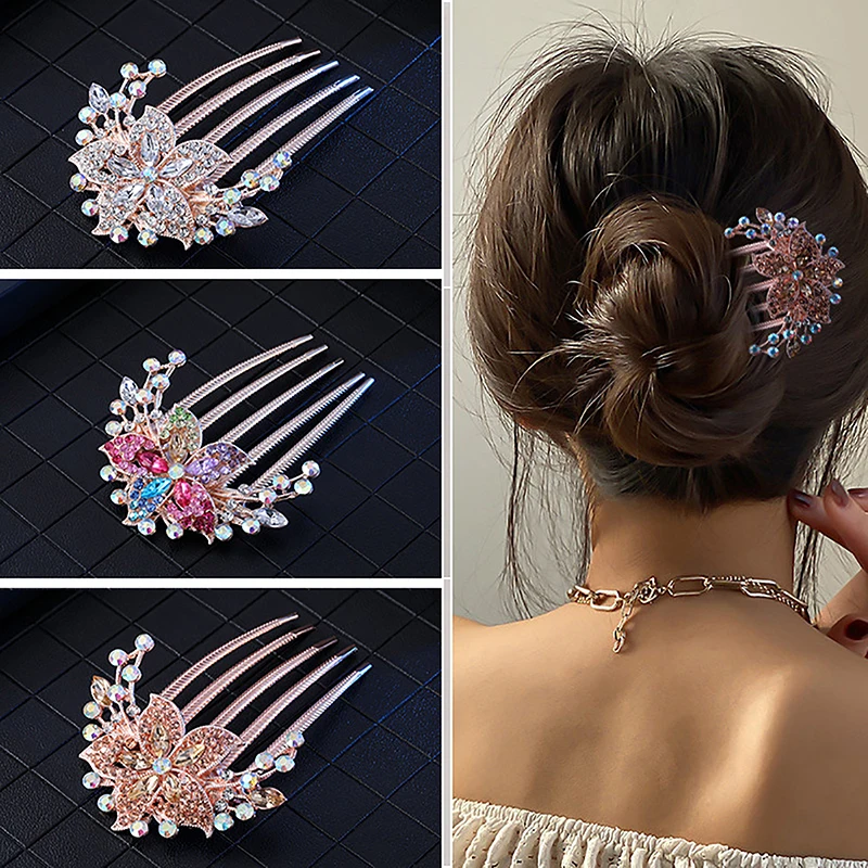 New Vintage Crystal Flower Hair Clips Korean Style Fashion Pearl Rhinestone Hair Combs Shiny Hairpins For Women Hair Accessories