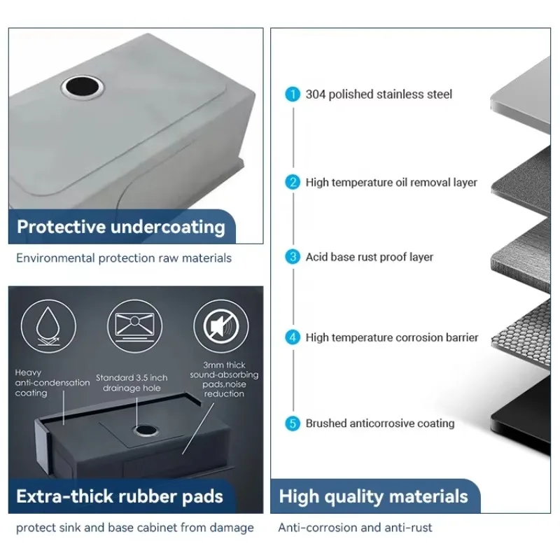 Luxury Multifunctional High-Grade Handmade Three-Hole Undermount Double Bowl Stainless Steel Kitchen Sink - view 4
