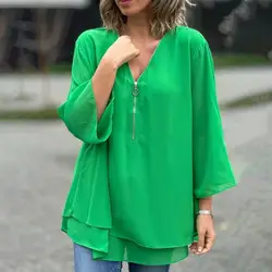 Natural Feel Blouse Elegant Women's Chiffon Shirts with V-neck Zipper Detailing 3/4 Sleeve Pullover Tops Double Layer Hem for A