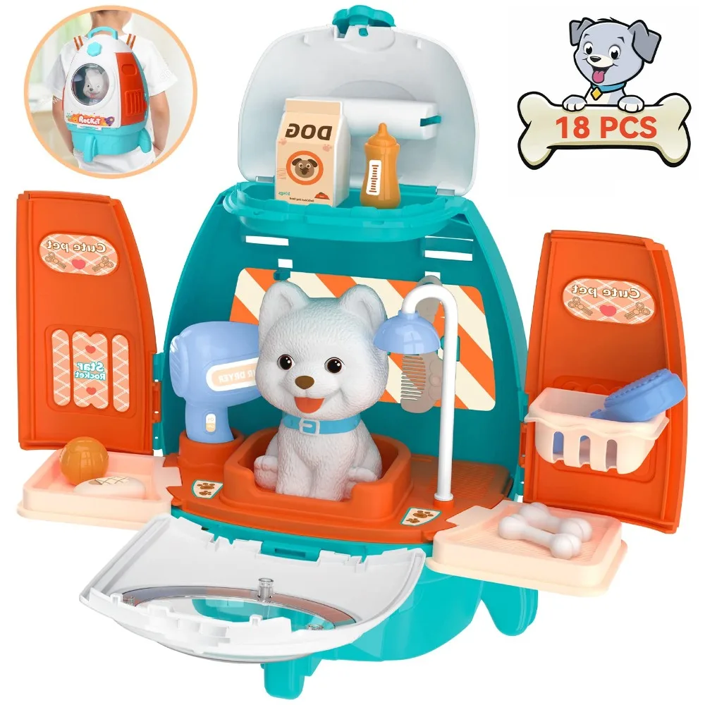 Pet Cat Care Carrier Backpack Toy Vet Clinic Doctor Kit for Kids Puppy Bunny Grooming Feeding Toys Veterinarian Pretend Play